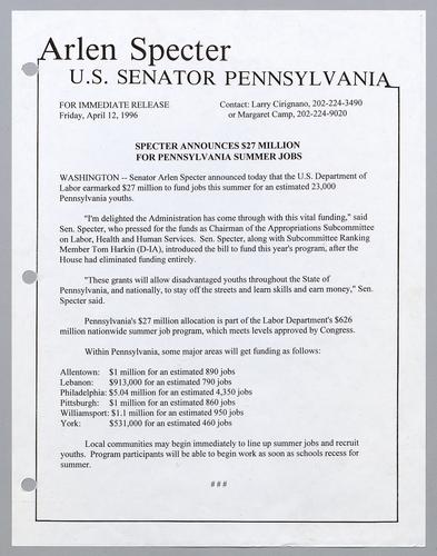 Specter announces $27 million for Pennsylvania summer jobs