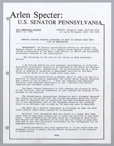 Senator Specter presses Secretary of the Navy to retain high tech jobs in Warminster