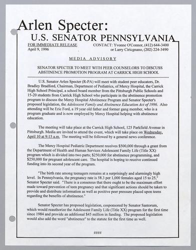 Senator Specter to meet with peer counselors to discuss abstinence promotion program at Carrick High School