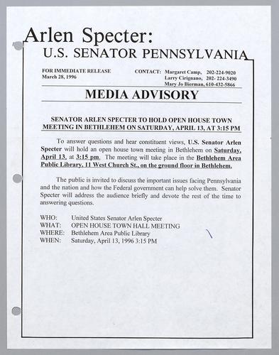 Senator Arlen Specter to hold open house town meeting in Bethlehem on Saturday, April 13, at 3:15 pm