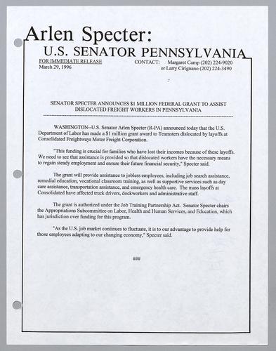 Senator Specter announces $1 million federal grant to assist dislocated freight workers in Pennsylvania