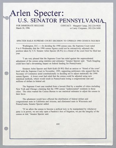 Specter hails Supreme Court decision to uphold 1990 census figures