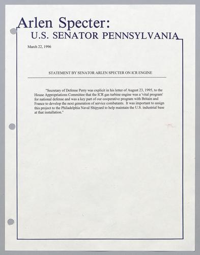 Statement by Senator Arlen Specter on ICR engine