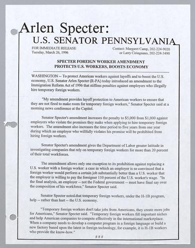 Specter foreign worker amendment protects U.S. workers, boosts economy