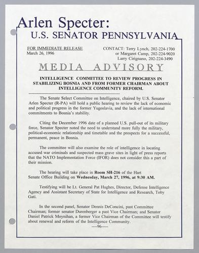 Intelligence committee to review progress in stabilizing Bosnia and from former chairman about intelligence community reform