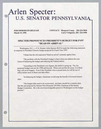 Specter pronounces President's budget for fiscal year 1997 "dead on arrival,"