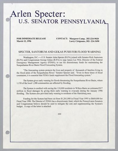 Specter, Santorum, and Gekas push for flood warning