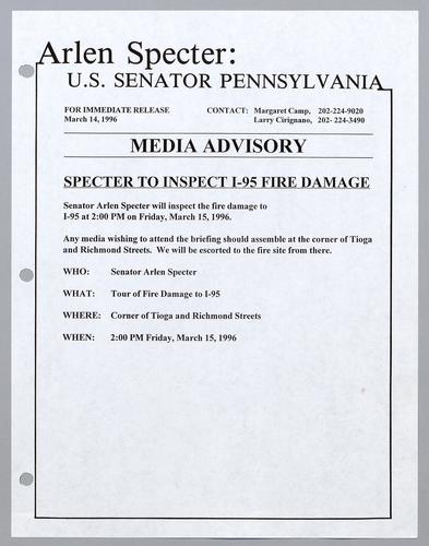Specter to inspect I-95 fire damage