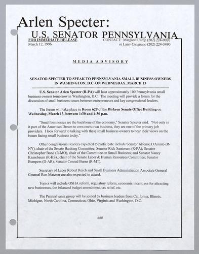 Senator Specter to speak to Pennsylvania small business owners in Washington, D.C. on Wednesday, March 13