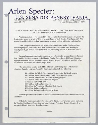 Senate passes Specter amendment to add $2.7 billion back to Labor, Health, and Education programs