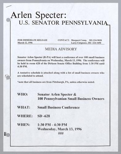 Senator Arlen Specter will host a conference of over 100 small business owners