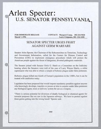 Senator Specter urges fight against germ warfare