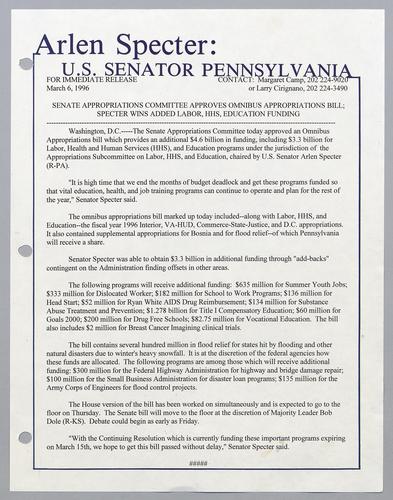 Senate Appropriations Committee approves Omnibus appropriations bill; Specter wins added Labor, HHS, Education funding