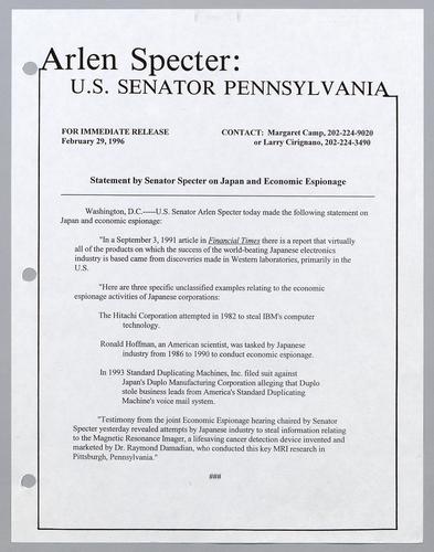 Statement by Senator Specter on Japan and Economic espionage