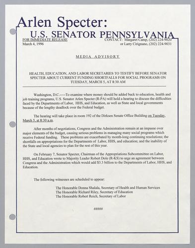 Health, Education, and Labor Secretaries to testify before Senator Specter about current funding shortfalls for social programs on Tuesday, March 5