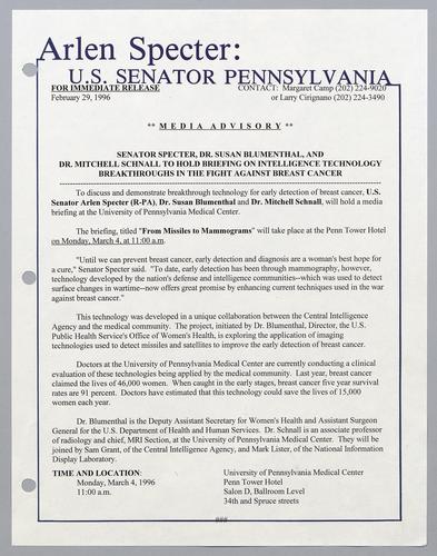 Senator Specter, Dr. Susan Blumenthal, and Dr. Mitchell Schnall to hold briefing on intelligence technology breakthroughs in the fight against breast cancer