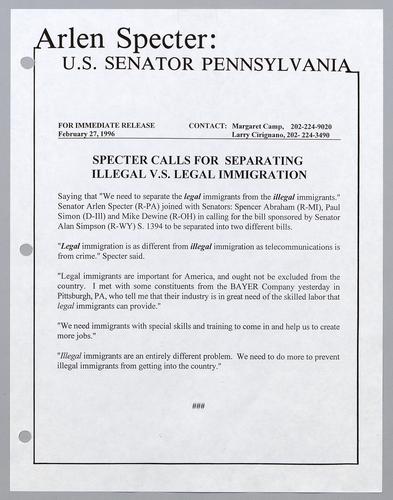 Specter calls for separating illegal vs. legal immigration