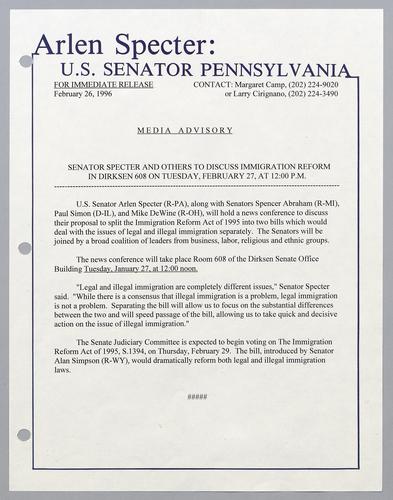 Senator Specter and others to discuss immigration reform in Dirksen 608 on Tuesday, February 27