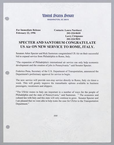 Specter and Santorum congratulate US Air on new service to Rome, Italy
