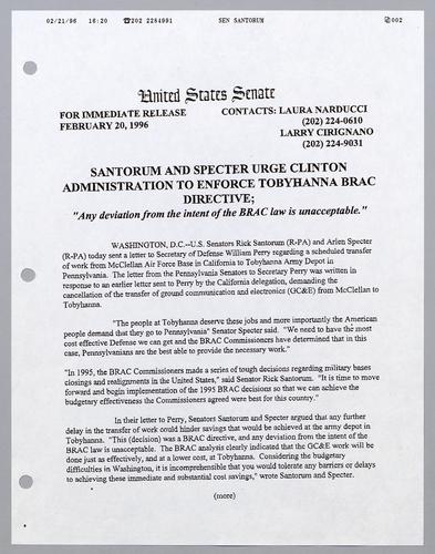 Santorum and Specter urge Clinton Administration to enforce Tobyhanna BRAC directive