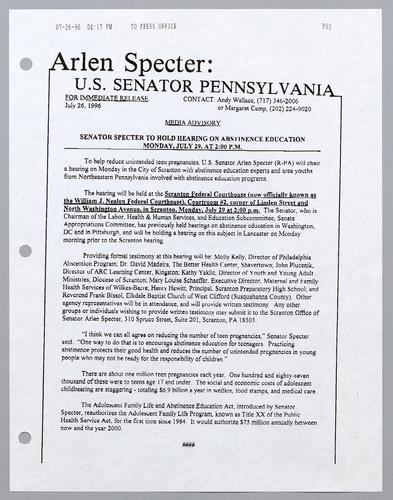 Senator Specter to hold hearing on abstinence education Monday, July 29, at 2:00 pm