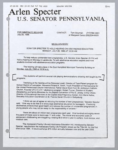 Senator Specter to hold hearing on abstinence education Monday, July 29, at 10:30 am