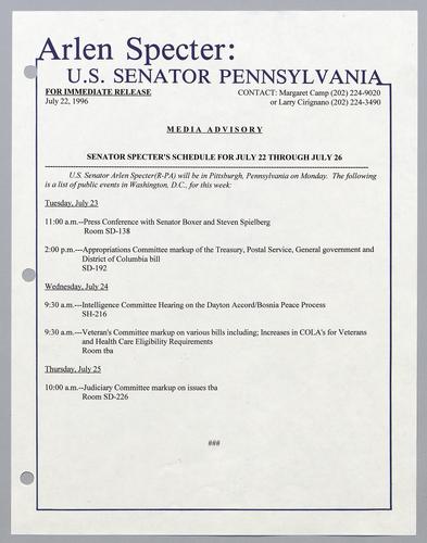 Senator Specter's schedule for July 22-July 26