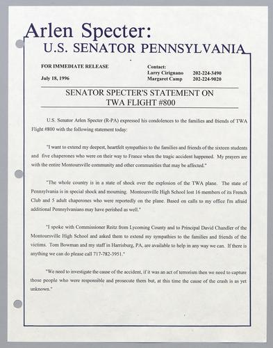 Senator Specter's statement on TWA flight #800