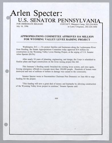 Appropriations Committee approves $14 million for Wyoming Valley levee raising project