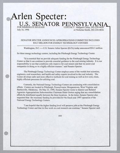 Senator Specter announces Appropriations Committee includes $54.3 million for energy technology centers