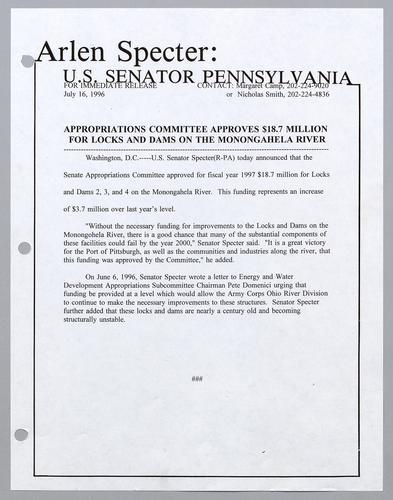Appropriations Committee approves $18.7 million for locks and dams on the Monongahela River
