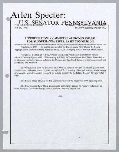 Appropriations Committee approves $300,000 for Susquehanna River Basin Commission