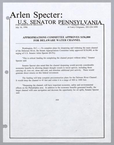 Appropriations Committee approves $156,000 for Delaware water channel