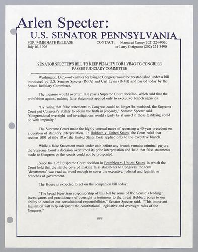 Senator Specter's bill to keep penalty for lying to Congress passes Judiciary Committee