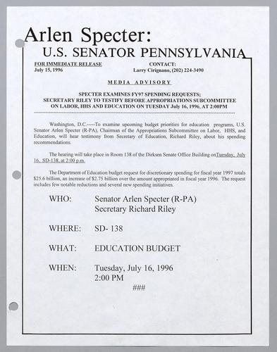 Specter examines fiscal year 1997 spending requests; Secretary Riley to testify before Appropriations Subcommittee on Labor, HHS, and Education on Tuesday, July 16, at 2:00 pm