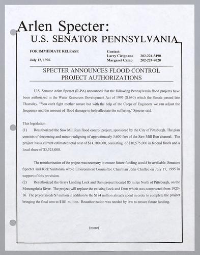 Specter announces flood control project authorizations