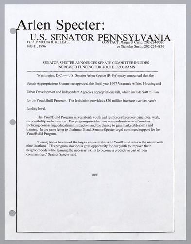 Senator Specter announces Senate committee includes increased funding for youth programs