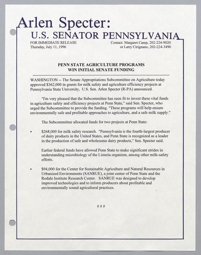 Penn State agriculture programs win initial Senate funding