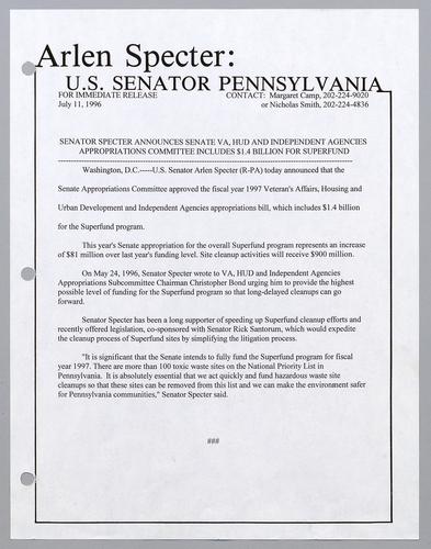 Senator Specter announces Senate VA, HUD, and independent agencies appropriations subcommittee includes $1.4 billion for superfund