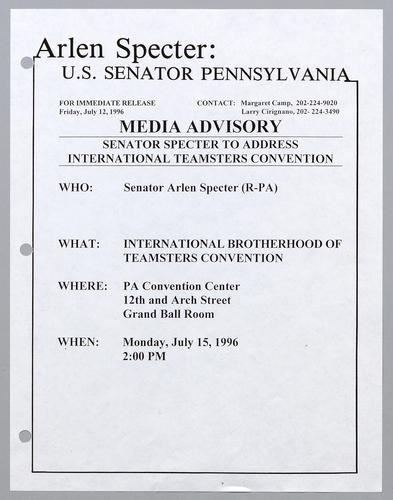 Senator Specter to address international teamsters convention