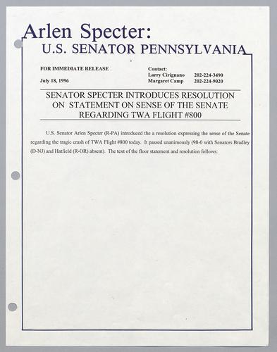 Senator Specter introduces resolution on statement on sense of the Senate regarding TWA flight #800