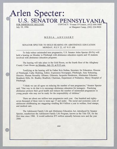 Senator Specter to hold hearing on abstinence education Monday, July 22, at 9:15 am