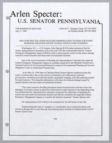 Senator Specter announces recommendation to FEMA for rapid response disaster center to deal with future flooding