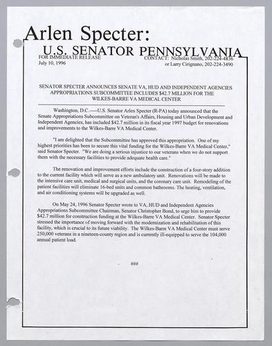 Senator Specter announces Senate VA, HUD, and independent agencies appropriations subcommittee includes $42.7 million for the Wilkes-Barre VA Medical Center