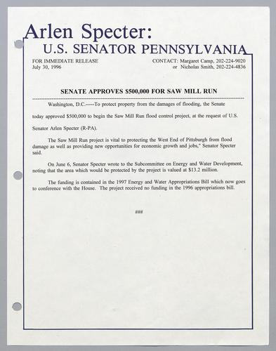 Senate approves $500,000 for Saw Mill Run