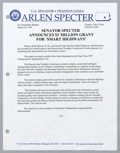 Senator Specter announces $3 million grant for "smart highways,"