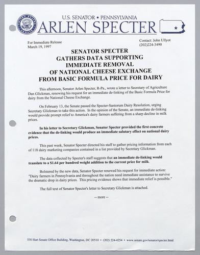 Senator Specter gathers data supporting immediate removal of national cheese exchange from basic formula price for dairy