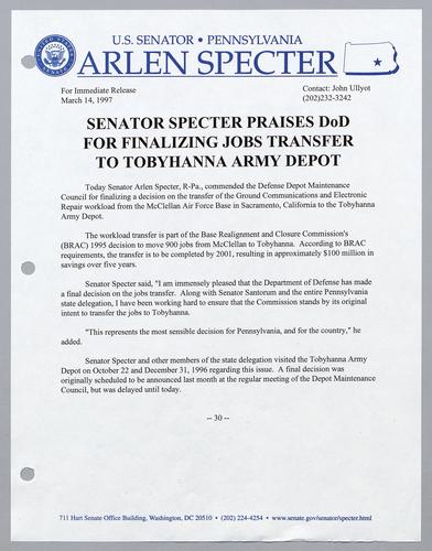 Senator Specter praises DOD for finalizing jobs transfer to Tobyhanna Army Depot