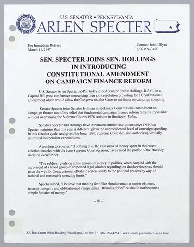 Senator Specter joins Senator Hollings in introducing constitutional amendment on campaign finance reform