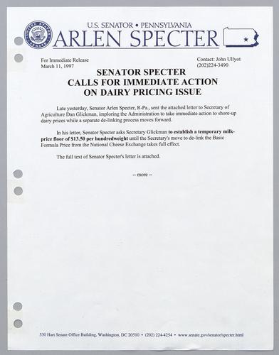 Senator Specter calls for immediate action on dairy pricing issue